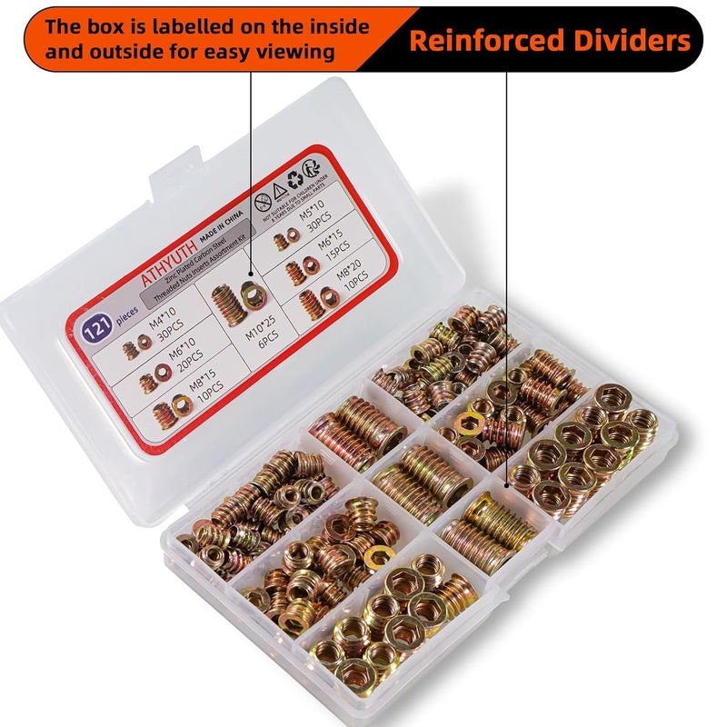 ATHYUTH Store Threaded Inserts for Wood, 121 Pieces Zinc Plated Steel Thread Insert Nuts Assortment kit for Hardwoods, Hex Socket Flanged Threaded Wood Inserts M4 M5 M6 M8 M10 Screw Inserts for Wooden Furniture - Image 5